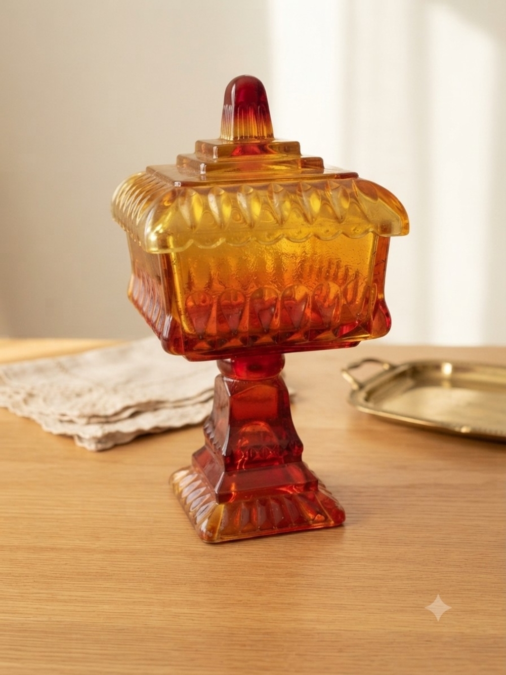 Vintage Amberina Glass Pedestal Candy Dish / Compote with Lid
